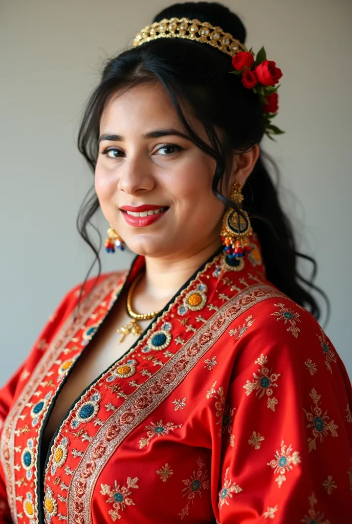 A chubby white model wearing traditional clothes of velora and its a post for instagram ( please make sure the brand name Velora show prominent and engraved on cloths) 