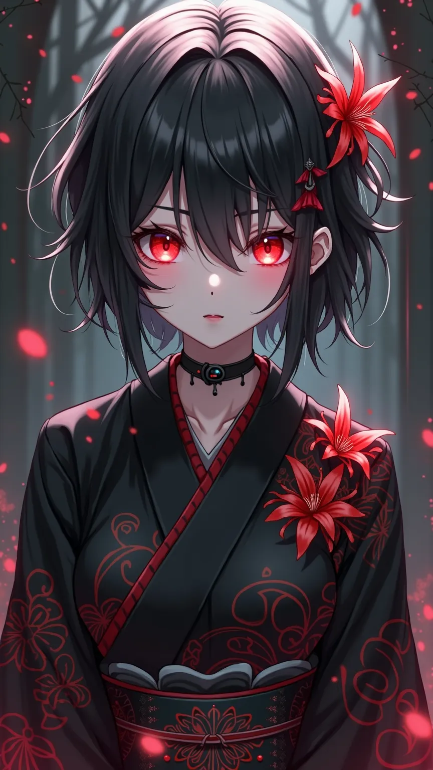 Woman in a black Japanese kimono with red eyes, Red spider lily、Anime painting by Jin Homura,  pixiv contest winner, Gothic art,  Gothic Maiden anime girl , Anime girl wearing a black kimono , Devil Anime Girl, 1  anime goth girl  , With glowing red eyes, ...