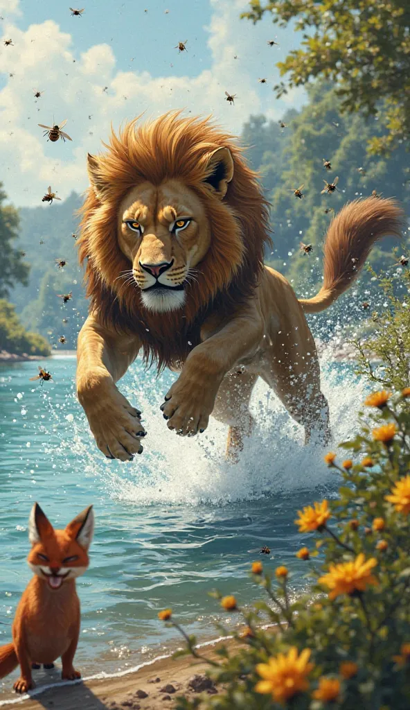 Lion Jumping into Water – Near a lake, the lion leaps into the water to escape the bees, while the fox stands nearby, smirking at the scene