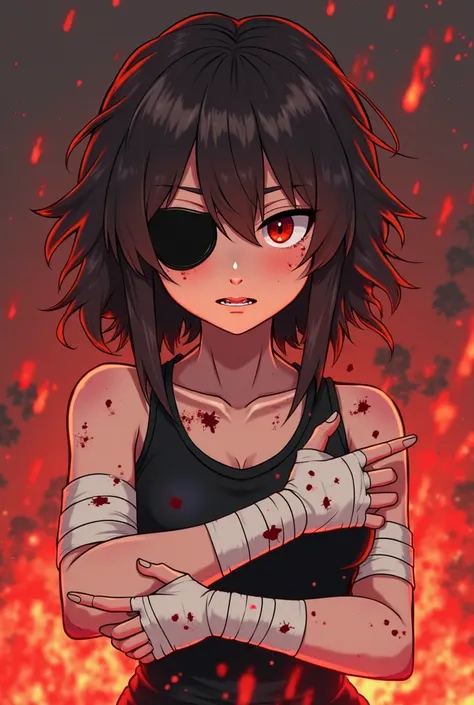 Anime cartoon girl from Fire Force, low set sharp dark crimson eyes, thick black eyepatch covering right eye, deep gash claw like scars under the patch that travel all the way down her face, mid length dark brown layered hair and messy layered bangs, forea...