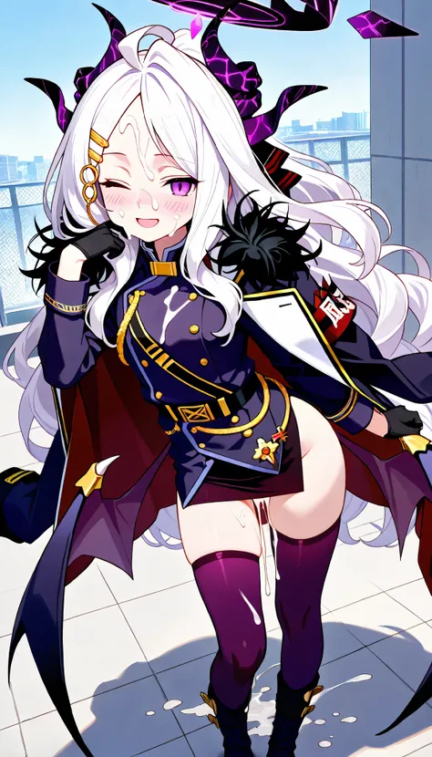 HD、TOP QUALITY、NSFW,masterpiece, 1girl ,Alone,girl possession,standing,Contrapposto,looking at viewer,sorasaki hina, purple eyes, white hair, very long hair, parted bangs, ahoge, multiple horns, halo, Wings, low Wings, hairclip,fur-trimmed coat, black coat...