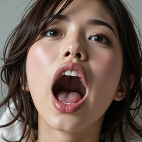 1woman, Mouth open, Sitting on the teeth clinic chair, (((Super enlarged photo of a Japanese sexy and beautiful woman's face with Shoulder knit))), ((Intense Orgasms)), Turn your face upwards, Zoom-up face , Focus on the mouth , Focus clearly on your mouth...