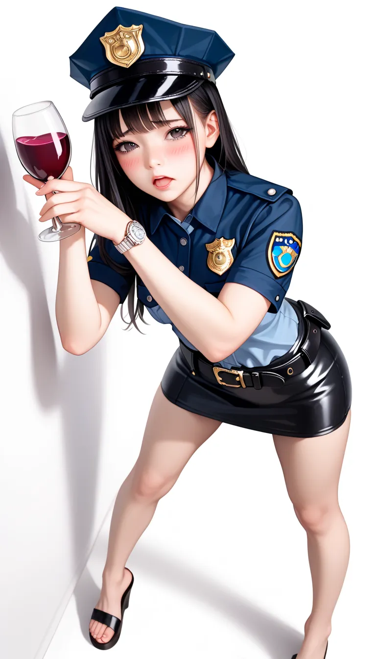  Beautiful Japanese Women,( 1girl :1.5),(slender body:1.2),( small tits:1.0),(white collared ultra short sleeve police shirt:1.2),(white super mini police skirt:1.2),(black leather equipped police belt:1.5),real skin ,small breasts, black hair, Super Detai...