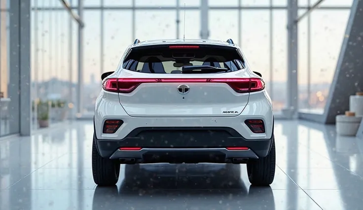 A back body view of modern modified 2025 Tata Nexon  polished white color in a luxury bright high level showroom