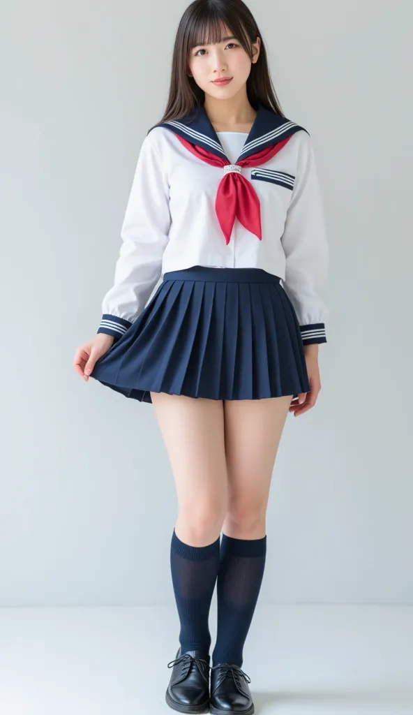 (masterpiece、Highest Image、Photorealistic)、 cute Japanese woman、1 person、((Super mini skirt high school girl uniform))、huge tits、 full body view