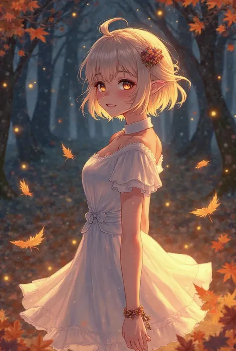 sakura kinomoto, sexy flirt pose, perfect face, side view, white dress, illumination fire ghost, short hair, fall leaves, Elven forest, yellow glow stars, autumn, dark night, glowing stars, such colors, realistic, ,, 