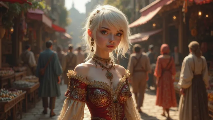 
young slim   girl , pale skin, shaggy big sharp  cone breasts, wear rich, medieval 14. century aristocrat clothes,   crowded medieval marketplace background