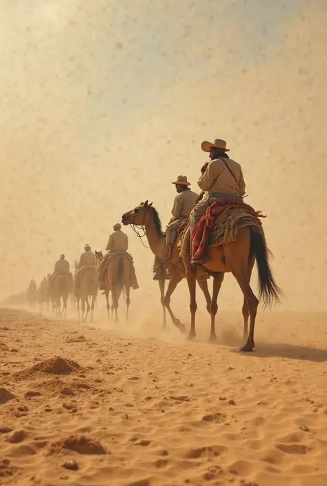 several people on camels are walking somewhere during a sandstorm and it is a devastated landscape, tragic because a man fell on the ground, a horse knelt down, another horse stood up on two legs and the man fell, one another man is holding on to his hat, ...