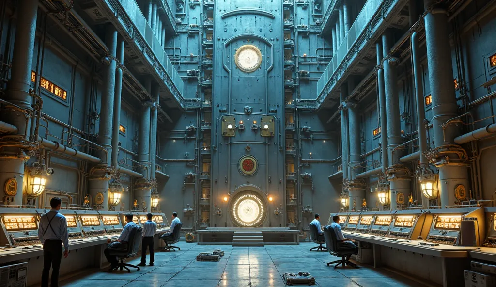 A detailed rendering of a futuristic vertical nuclear reactor located in an underground bunker. The reactor appears as a massive central element, surrounded by solid metal walls with many cooling pipes and glowing control panels. At the center of the react...