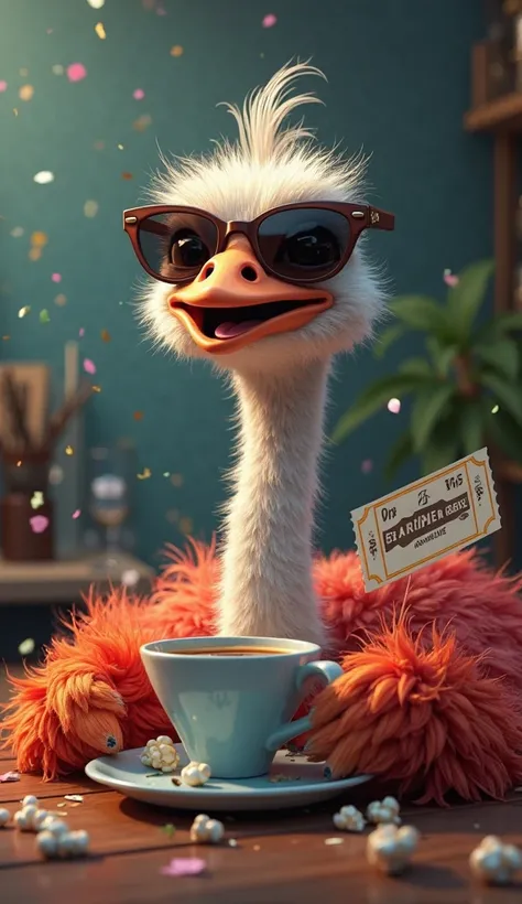 “The morning after the party”
— An ostrich with sunglasses drinks coffee, , holds a club ticket in its paw and smiles at new memories.