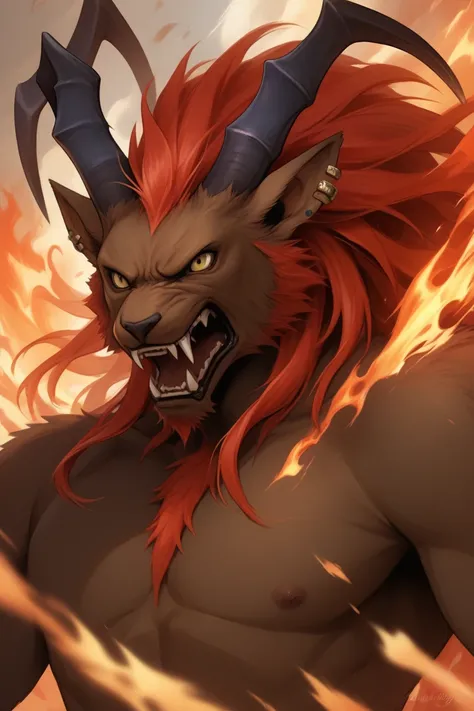 score_9, score_8_up, score_7_up, 8k, detailed design, detailed background, detailed characters, masterpiece, anthro only, furry only, 1boy, solo,  ifrit_(final_fantasy), dark skin, ear piercing, red hair, long hair, fangs, horns, yellow eyes, close up, ang...