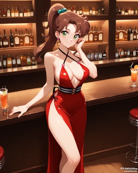 slrjup, brown hair, high ponytail, green eyes, hair bobbles,score_9, score_8_up, score_7_up, source_anime, solo, cocktail dress, halter dress, plunging neckline, center opening, side slit, high-waist sideboob, high heel sandalette, bar, one hand on own hea...