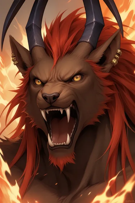 score_9, score_8_up, score_7_up, 8k, detailed design, detailed background, detailed characters, masterpiece, anthro only, furry only, 1boy, solo,  ifrit_(final_fantasy), dark skin, ear piercing, red hair, long hair, fangs, horns, yellow eyes, close up, ang...