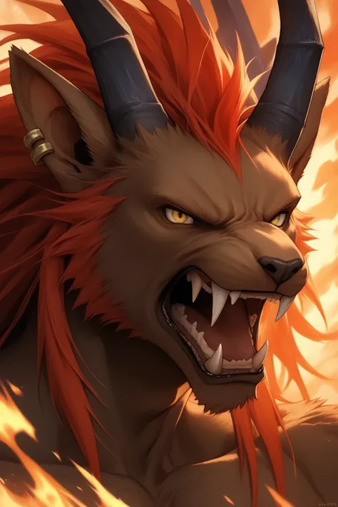 score_9, score_8_up, score_7_up, 8k, detailed design, detailed background, detailed characters, masterpiece, anthro only, furry only, 1boy, solo,  ifrit_(final_fantasy), dark skin, ear piercing, red hair, long hair, fangs, horns, yellow eyes, close up, ang...