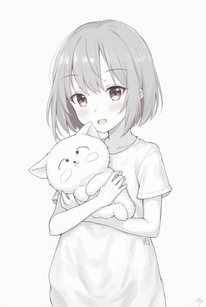 a cute girl holding cat anime with black and white draw