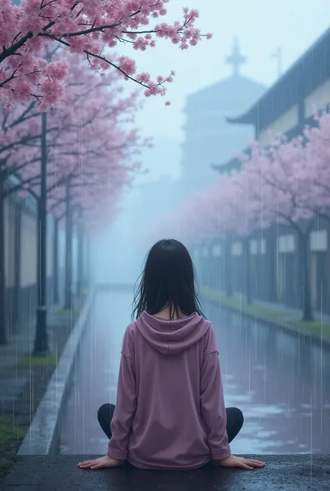 I wnat a picture of outside it raining and foggy, i wnat it to kind alook cartoony, i also want to be super foggy and gloomy but cherry blossoms branches in the background, i also wnat a girl sitting down but shes facing away from the view so we see behind...