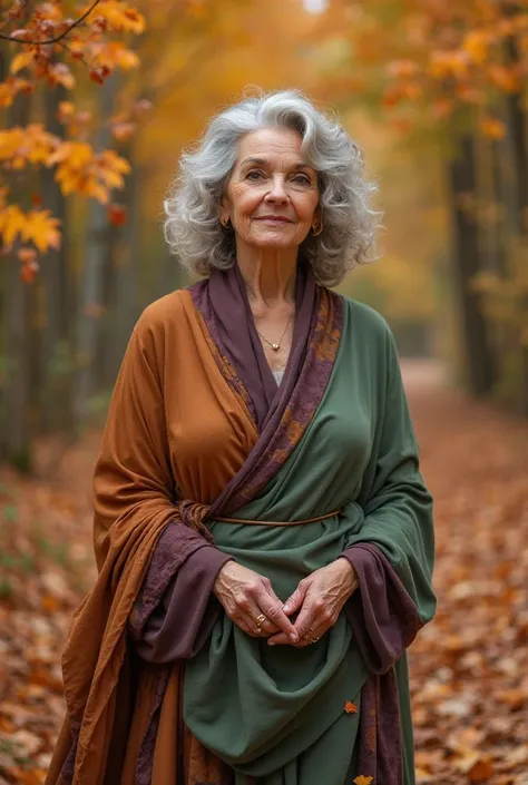 A graceful, motherly woman stands amidst an autumn landscape, surrounded by the warm hues of fall. Draped in flowing fabrics of green, purple, orange, and brown, she exudes elegance and nurturing warmth. Her presence is comforting, like the changing leaves...