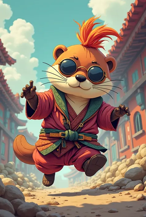 Carton character.  Samurai with otter head with funky colours hairstyles and round shape sunglasses. Very simple and very funny.  Spiderman across the sider of verse style of animation 