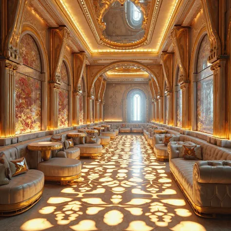 realistic photo, best quality, no humans, a luxurious and futuristic pub with an castle-inspired aesthetic. The space features silver and gold tones, high-end Lounge seating sets, and a floor with glowing patterns. Soft golden lighting and elegant floral a...