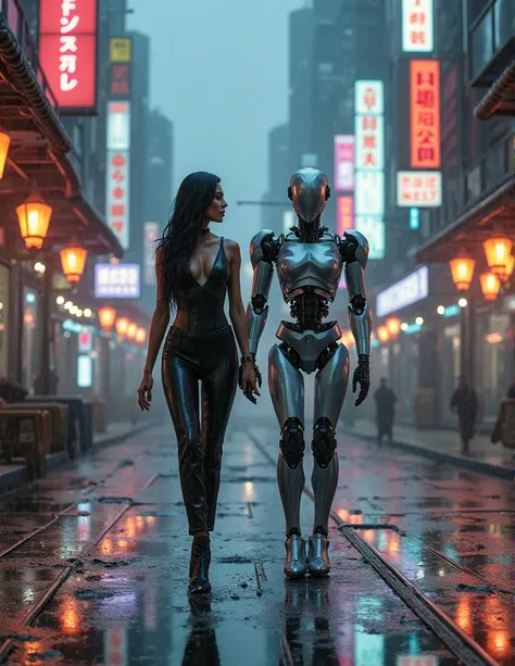 Create a woman and a robot in the city of the future, walking through puddles at night that reflect the neon light of the lanterns , it's raining and the moon is in the background,  Cyberpunk style  