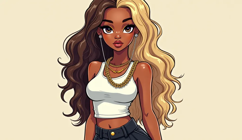 Cartoon hiphop women with dark skin, golden hair alternating with brown, wearing hiphop sportswear, with a gold chain necklace, wearing a white dress with black pants, with earphones