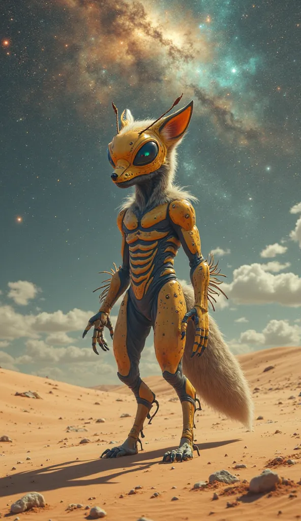 Alien bee plus sign fox desert space galaxy standing body 