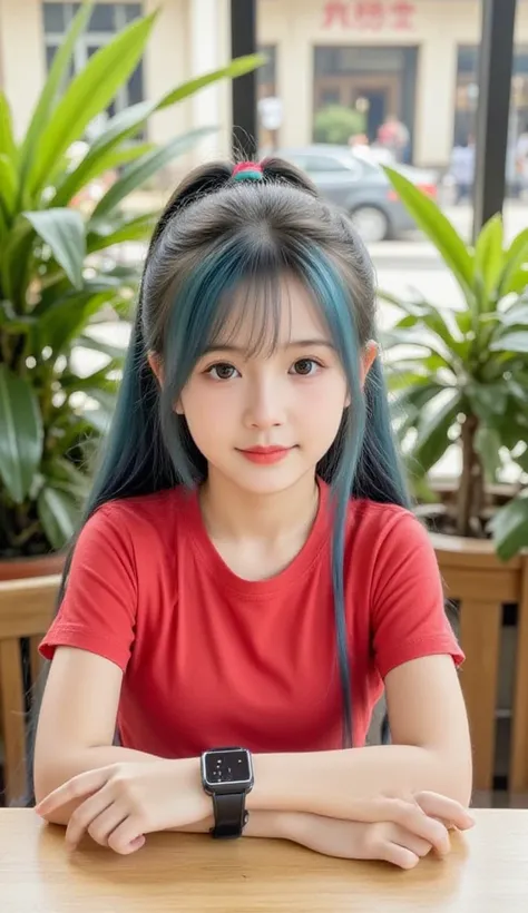 The photo shows a young girl sitting in a close space, There is plenty of greenery around. She has long hair, iridescent blue and silky, tied high ponytail . She is wearing a red t-shirt , create a casual and elegant look. 

The girl has a light expression...