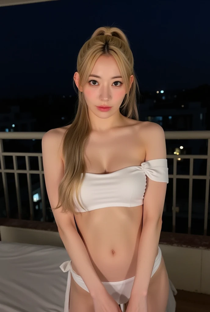 Nsfw, A young Japanese woman spending time on the terrace of a luxury hotel room ,  More information about blond hair with ponytail ,   professional lighting ,   sharp concentration,  alone,  one girl , Gravure photoshoot pose, (  full frontal ,  completel...