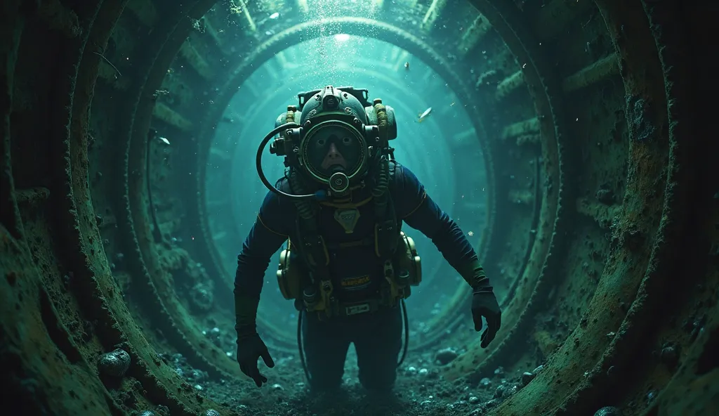 A diver enter into a flooded submarine and he was shocked to see inside, his expressions are shocked. the environment is tensed.