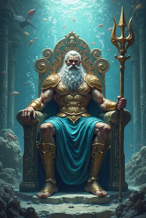 God Poseidon the God of the sea sitting on his throne wearing fancy armor holding his Trident 