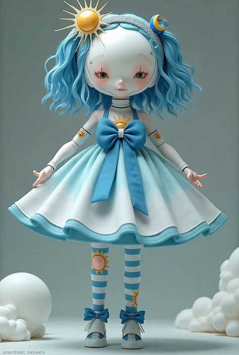 Androyd doll-like girl case made of white plastic,a blue white dress with a big blue bow around the neck in the middle of which there was sun and a month combined into one blue belutute-striped tights blue shoes on one like taming was a month and in the se...