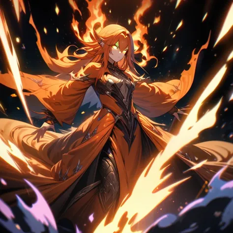 /imagine prompt: Kael, male fire mage, in a vibrant orange robe with living flame textures rippling across it, holding a staff topped with a miniature spinning meteor, glowing eyes, surrounded by swirling fiery particles, dark fantasy style, highly detaile...