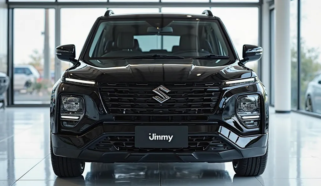 close front view of painted with fully shiny exterior Black 2025 Suzuki Jimmy Sierra sleek in large shape  in large size  with  on its large detailed grille in shiny fully shiny Black exterior clour with angular spor ty design captured from front black wit...