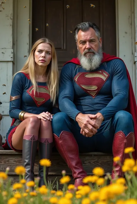 8k realistic ultra HDR A young woman, likely Caucasian and in her late s, and an older man, likely Caucasian and in his 60s, are seated on a porch.  The woman wears a Supergirl costume, featuring a red and blue outfit with a prominent "S" logo, and dark-co...