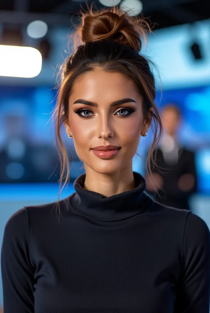 This woman as a reporter on a news program, She has a slightly disheveled hairstyle with a high bun like wedding brides, she is wearing a sweater fitted to the body 