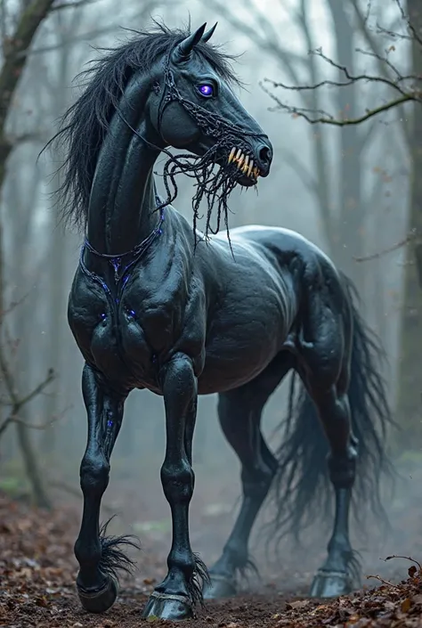 Here’s a detailed prompt for your hybrid of a horse and Venom:  

*"A monstrous hybrid of a powerful black stallion and the symbiote Venom. The creature has a muscular, sleek, and glossy black body with pulsating veins of blue and white. Its eyes glow mena...