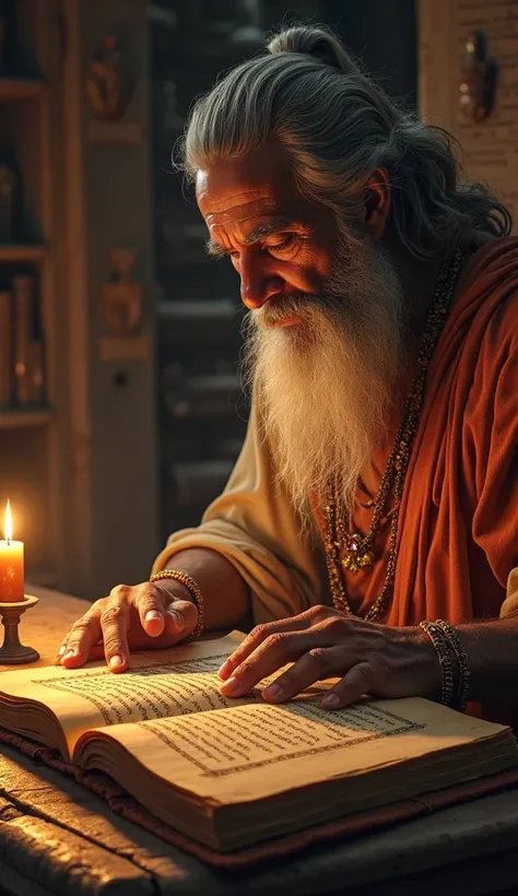  An ancient manuscript with Sanskrit writings glowing under candlelight, showing an illustration of Vikram and Betaal’s stories. A philosopher in ancient attire reads it.