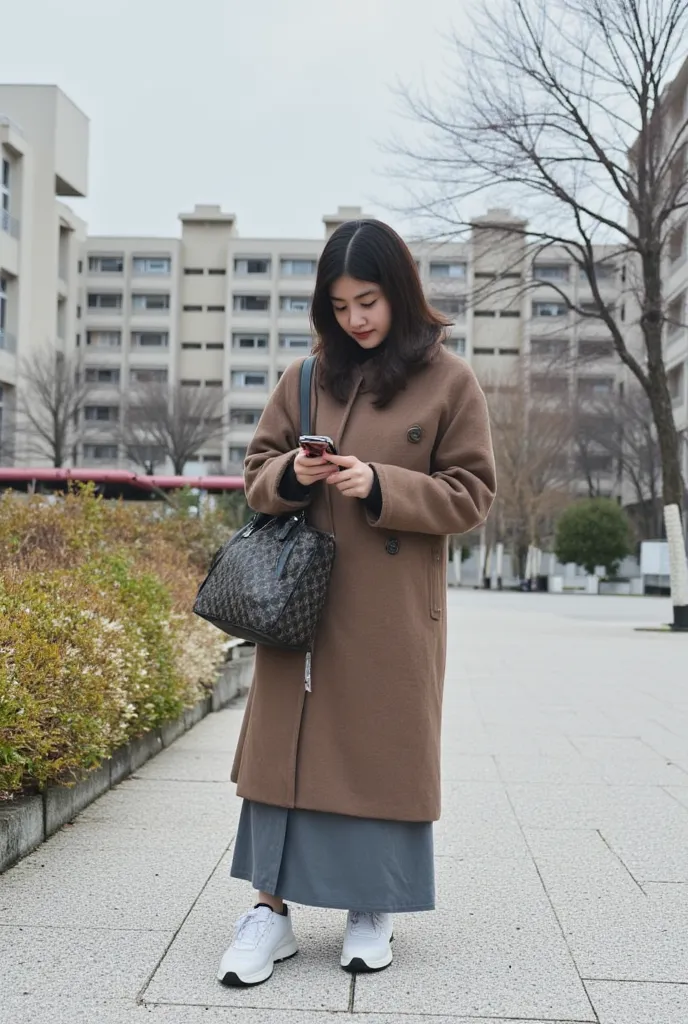 a woman meeting alone、Girls in their 20s、japanese woman、Winter clothing、Fashion magazine outfits、Looking at a smartphone、Telephoto shooting、I'm wearing a brown duffle coat and a gray long skirt、I'm wearing white sneakers、I'm carrying a branded shoulder bag...