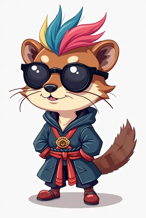 Carton character.  Samurai with otter head with funky colours hairstyles with round shape sunglasses. Very simple and very funny.  Spiderman across the sider of verse style of animation. White background. 