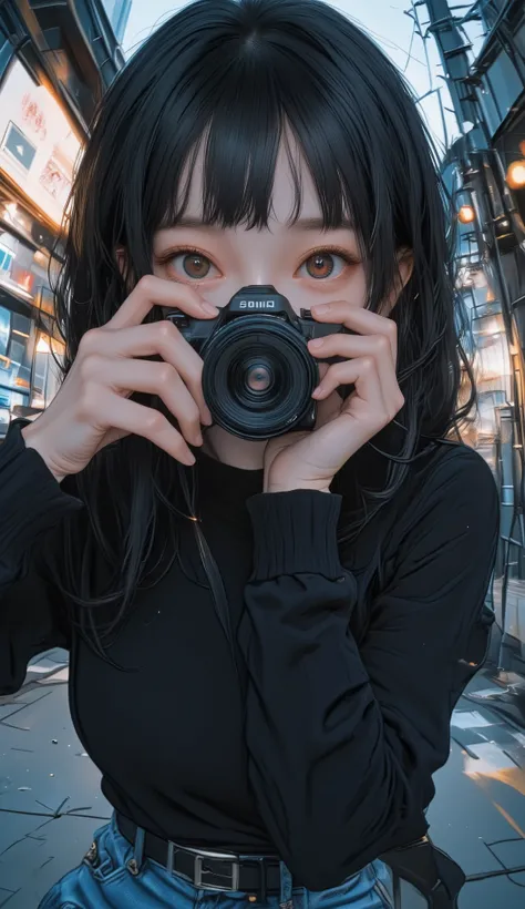 Fisheye 、Woman taking pictures wearing a black top and jeans, Korean girls, full bangs、twin tail、 Picture of a slim girl model, beautiful south Korean woman , tight shirt , wearing tight shirt , Korean woman , Jung Hwa-choi , Nam Jae-yeon, Korean F...