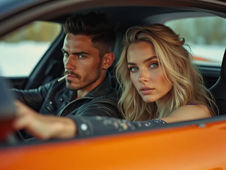 Brunette punk type menacing American man with fade cut black hair. Beautiful Ukrainian woman with ash blonde hair and pale green eyes. The man has a cigarette in his mouth, the woman is sitting on the man's knees in the orange Bugatti Veyron, they are driv...