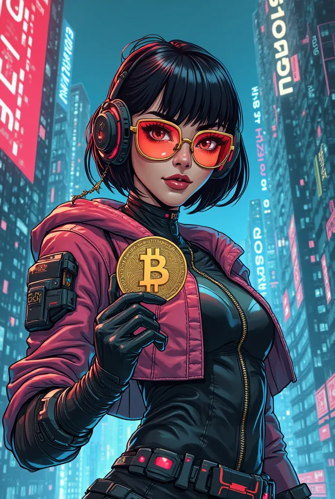 Create a comic character, futuristic medium, With very cool glasses, in a very technological world, Where is he holding a coin and the name of the coin is Crypto Revolution