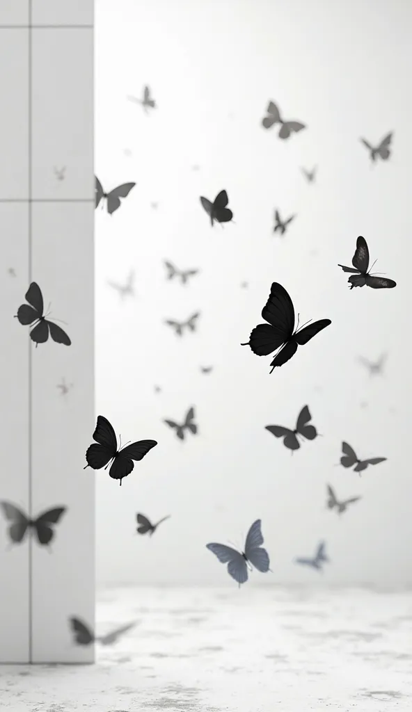 white and grey empty wall some black butterflies fly
