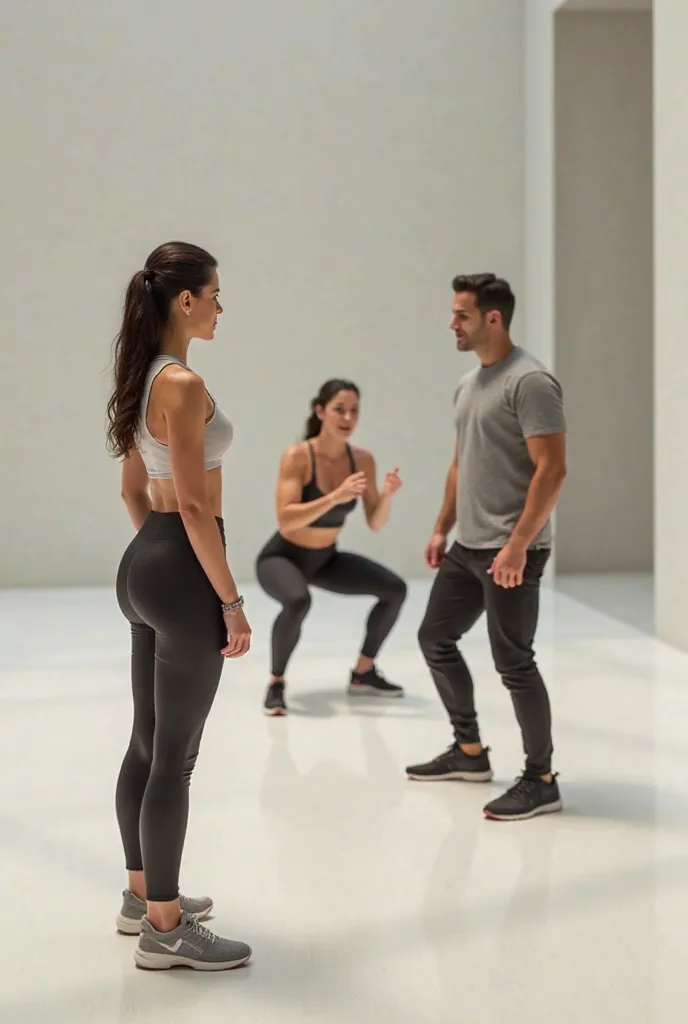 Woman turned back and a woman does a squat with man