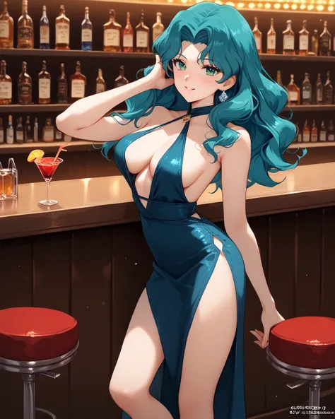 slrnp, cyan hair, long hair, wavy hair, green eyes,score_9, score_8_up, score_7_up, source_anime, solo, cocktail dress, halter dress, plunging neckline, center opening, side slit, high-waist sideboob, high heel sandalette, bar, one hand on own head, blush,...