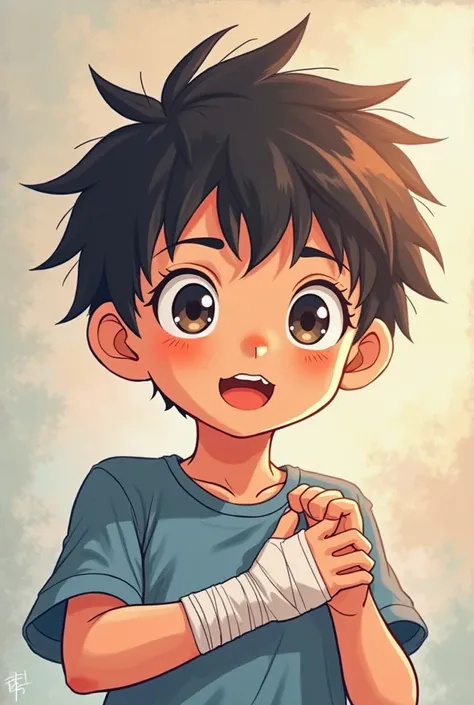 A boy with bandage in left hand with anime style