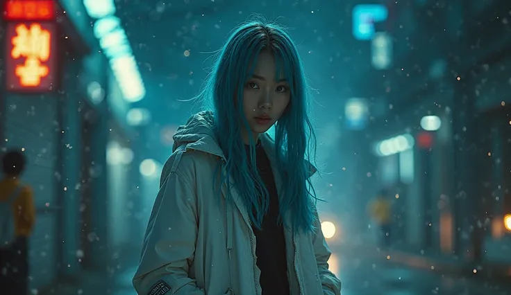 a 27 year  far shot, ful body old girl a hyperr reealistic  korean blue turqoise very long cornrowed half braid hair girl with a white jacket standing on the corner of a ledge with an evil look in a gangster mannerism in seoul looking down into the camera ...