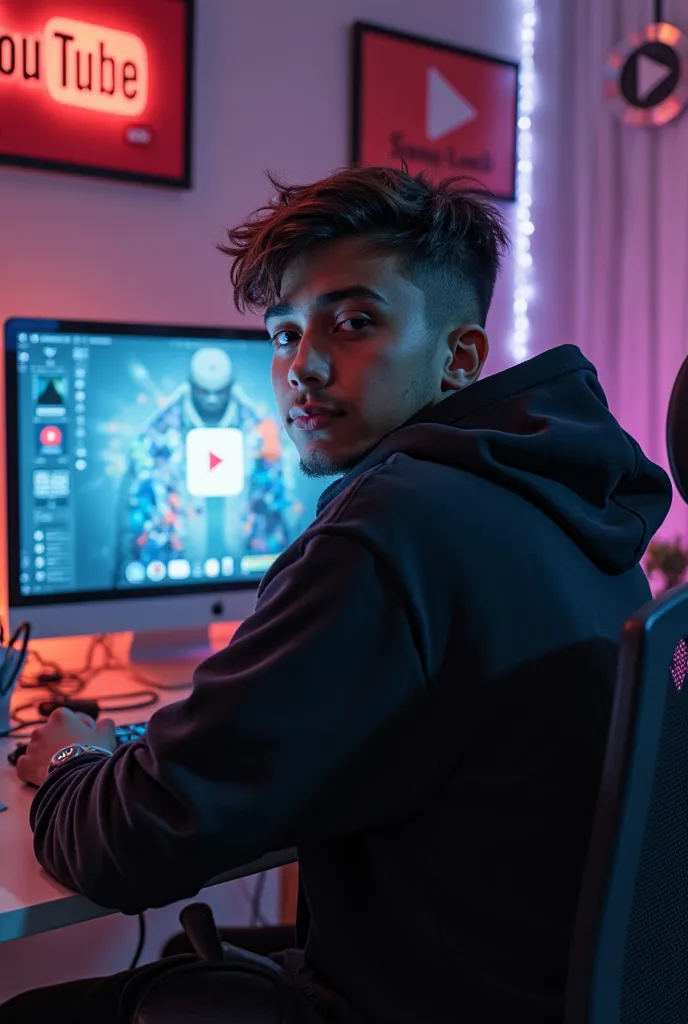 A 14  boy who have a  mature looking like a man facing in front. He is a YouTube content creator, sitting in his studio with futuristic gadgets, and there is mic near him, wearing a black hoodie has Tamim written on it.  there are 2 posters of YouTube in h...