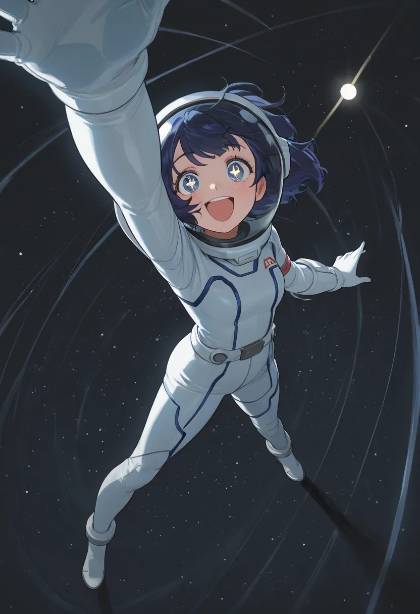 a girl in Space suit  , strong wind , Flashing light , ecstatic expression , High Angle Point of View , wide-angle lens , shoulder-flapping arm , two legs jumping off , sparkling eyes , bright space , a lively expression , smiling