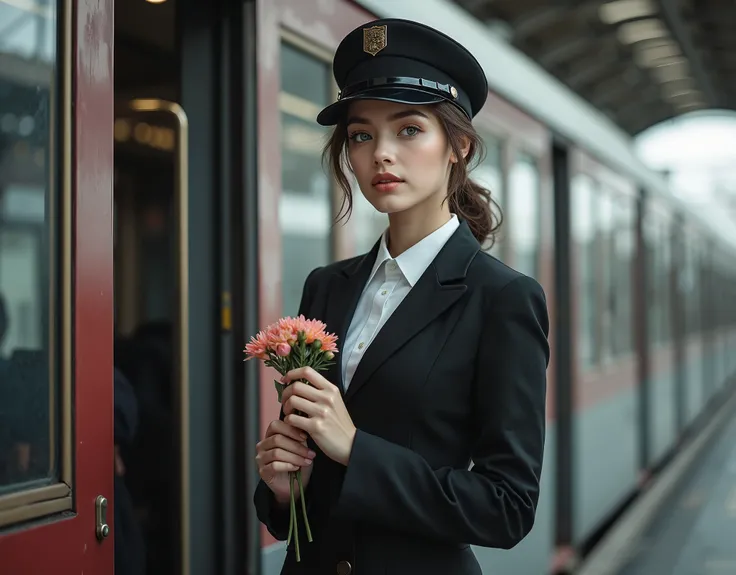 A very beautiful slender young train conductor stands near the train carriage with a flower in her hands and smiles. Beautiful gray eyes, light makeup. A very short skirt. The photo is of high quality, high detail and sharpness.